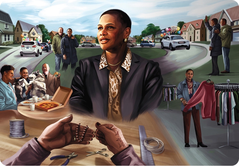 An illustrated mural about Heidi, a real person prescribed ELAHERE