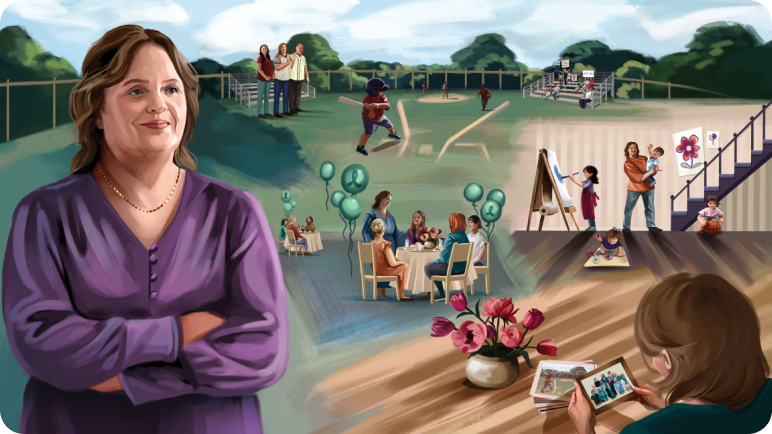 An illustrated mural about Jennifer, a real person prescribed ELAHERE